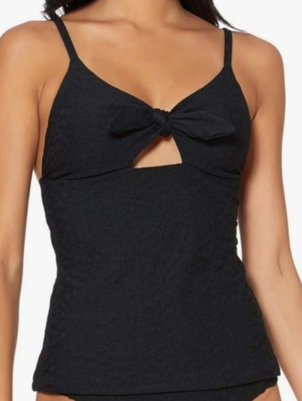 🆕️ Jessica Simpson Rose Bay Textured Tie-Front Tankini Top in Black
